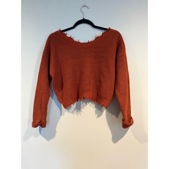 Moon & Madison Distressed Waffle Knit Sweater - Rust Orange - Size S - Picture 2 of 3
